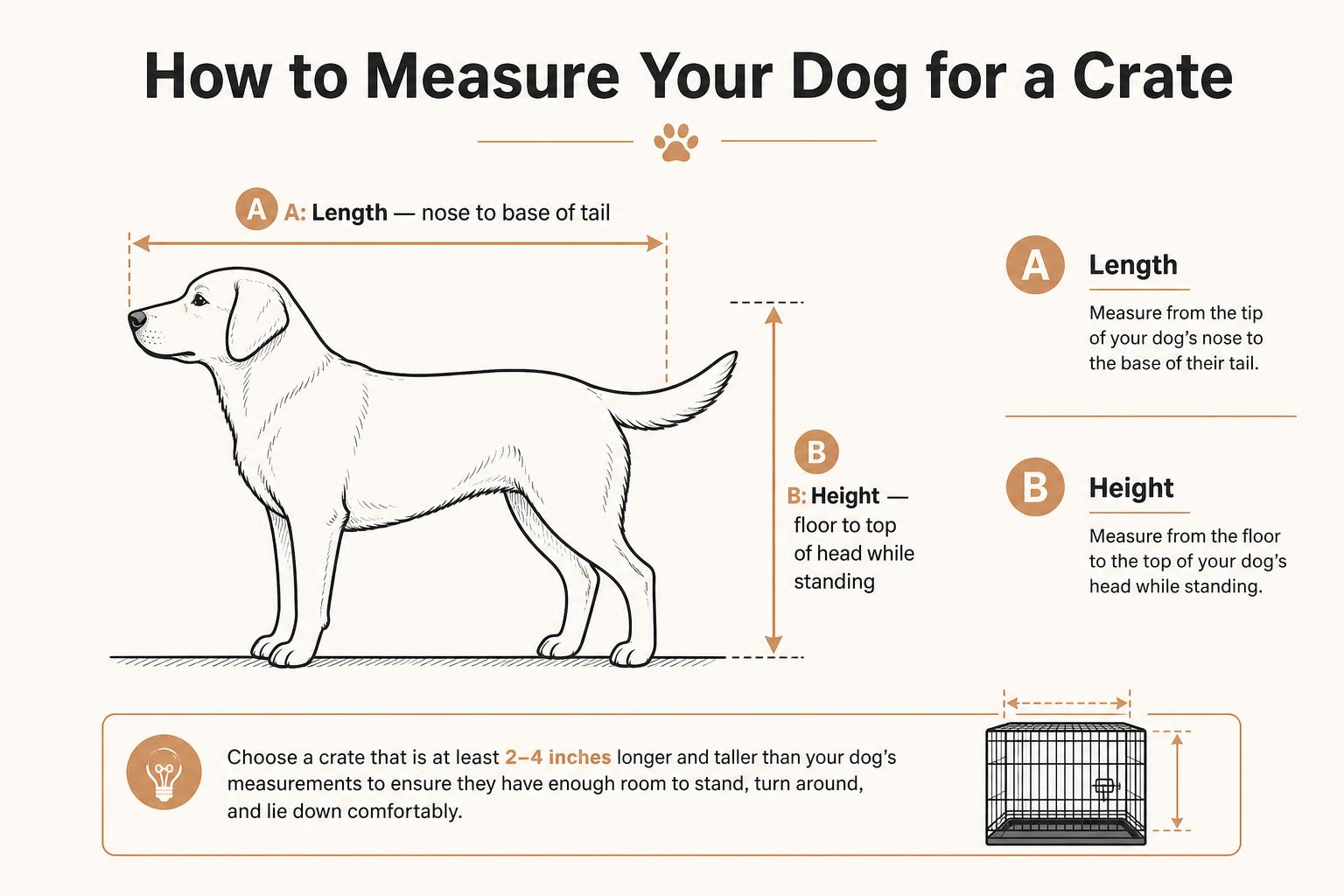 Infographic showing how to measure a dog's length and height for a crate
